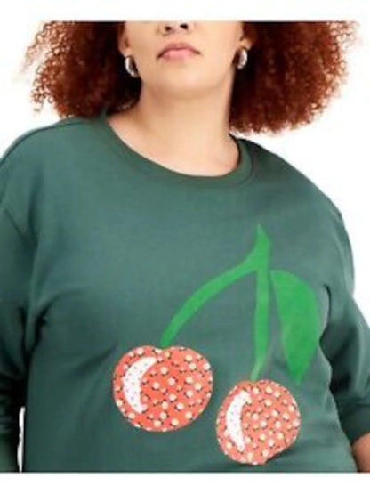 Women's Green Cherries Ribbed Graphic Sweatshirt