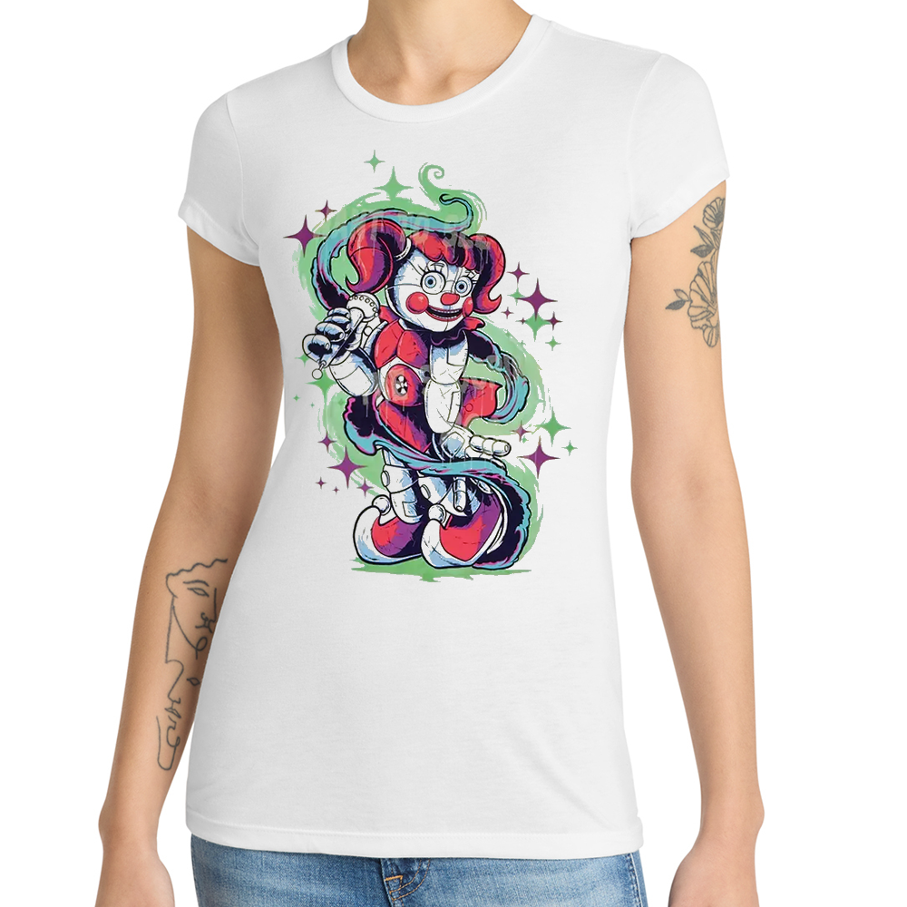 White t-shirt with a colorful clown graphic worn by a person on a white background