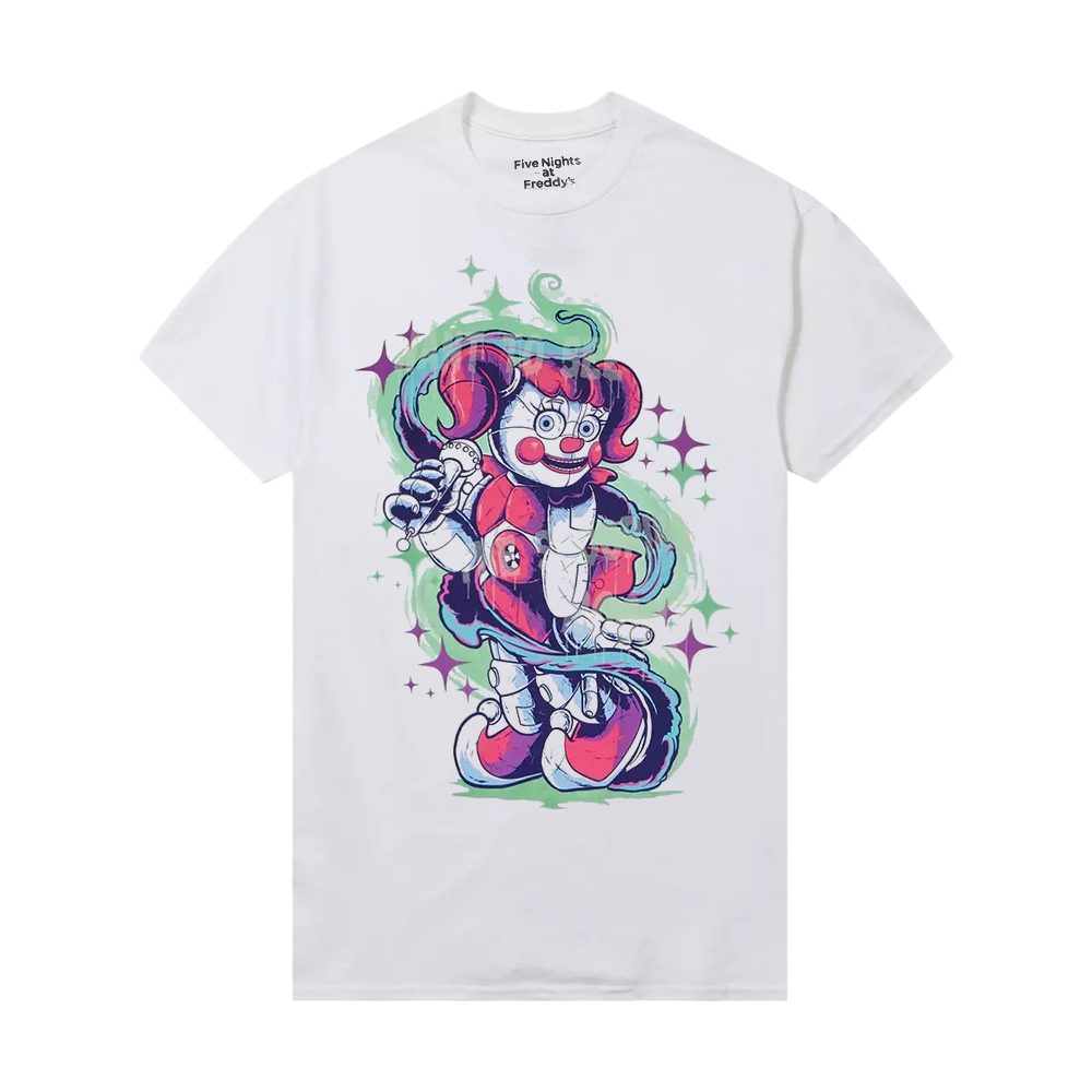 White t-shirt with a colorful clown graphic and 'Five Nights at Freddy's' text on a white background
