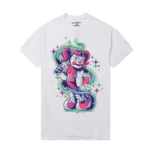 White t-shirt with a colorful clown graphic and 'Five Nights at Freddy's' text on a white background