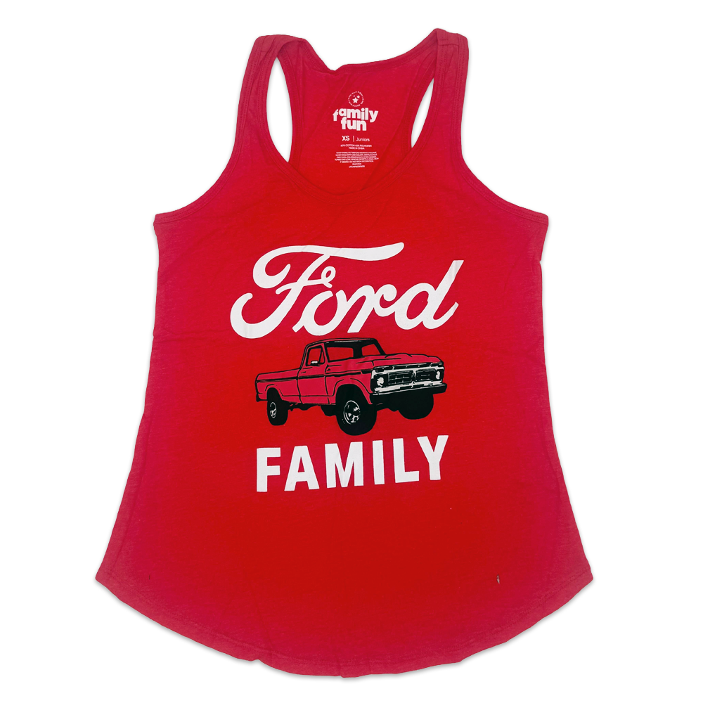 Red Ford Family graphic tank top for women and juniors by Mad Engine, featuring a casual sleeveless design with Ford logo and family graphic.