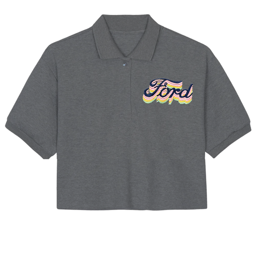 Women Junior's Charcoal Cropped Polo Ford Embroidered Shirt
