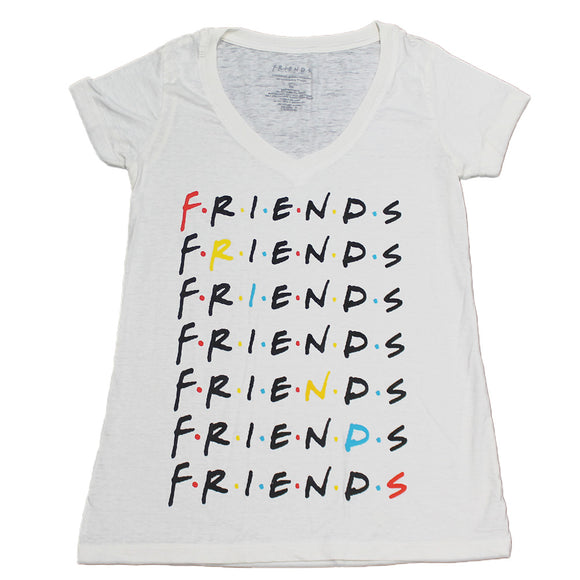 Women Junior's White V-Neck Friends Logo Graphic Tee T-Shirt