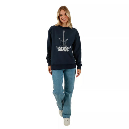 Women's ACDC Guitar & Band Logo Crew Neck Long Sleeve Gray Oversized Reversible Pullover Sweatshirt