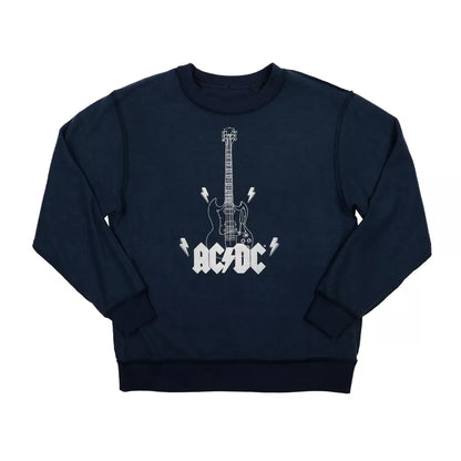 Women's ACDC Guitar & Band Logo Crew Neck Long Sleeve Gray Oversized Reversible Pullover Sweatshirt