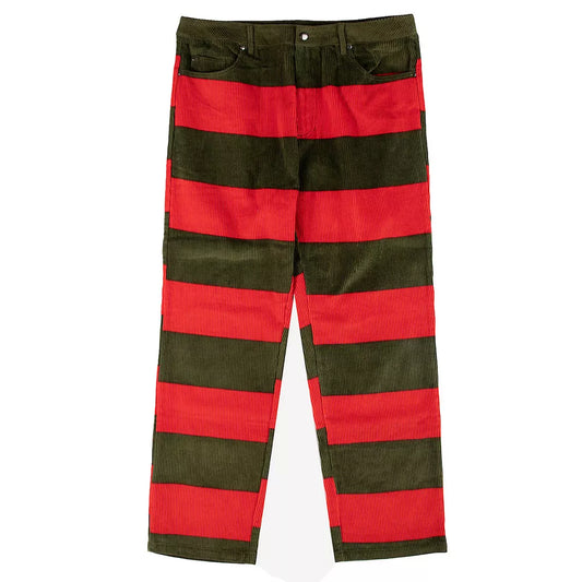 Men's red and green striped corduroy pants with embroidered Nightmare On Elm Street logo by Rex Distributor, Inc.