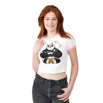 Women's Kung Fu Panda Po Flower Petals Crew Neck Short Sleeve White Baby Tee T-Shirt