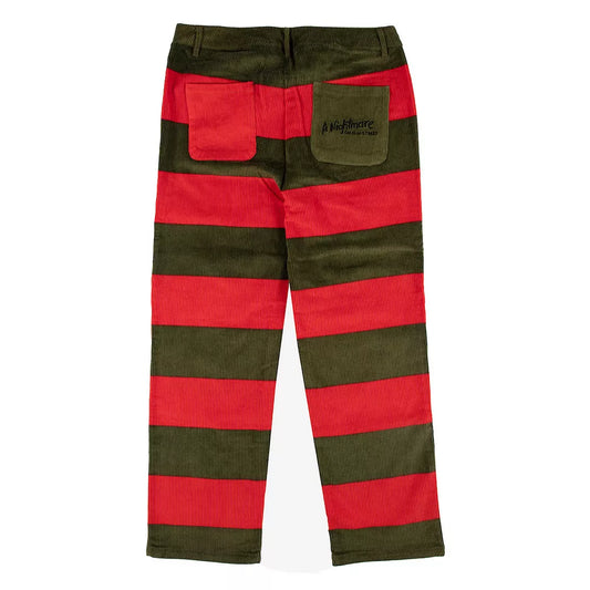 Men's red and green striped corduroy pants with embroidered Nightmare on Elm Street logo by Rex Distributor, Inc.