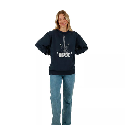 Women's ACDC Guitar & Band Logo Crew Neck Long Sleeve Gray Oversized Reversible Pullover Sweatshirt