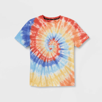 Tie-dye t-shirt with a spiral pattern on a light gray background