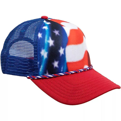 Bioworld American flag snapback trucker hat with red, white, and blue design, featuring a structured brim and mesh back panels.