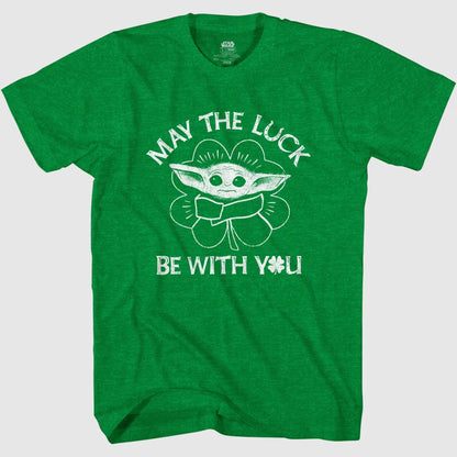 Men's Star Wars: The Mandalorian St. Patrick's Day Grogu May the Luck be with You Distressed Graphic Tee T-Shirt