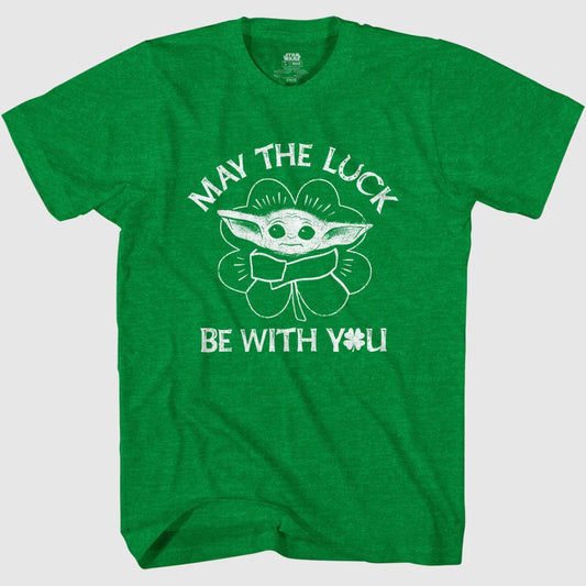 Men's Star Wars: The Mandalorian St. Patrick's Day Grogu May the Luck be with You Distressed Graphic Tee T-Shirt