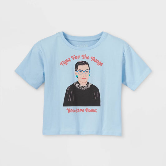 Girls' blue cropped graphic T-shirt from Mad Engine featuring short sleeves and a "Fight For Things You Care About" design.