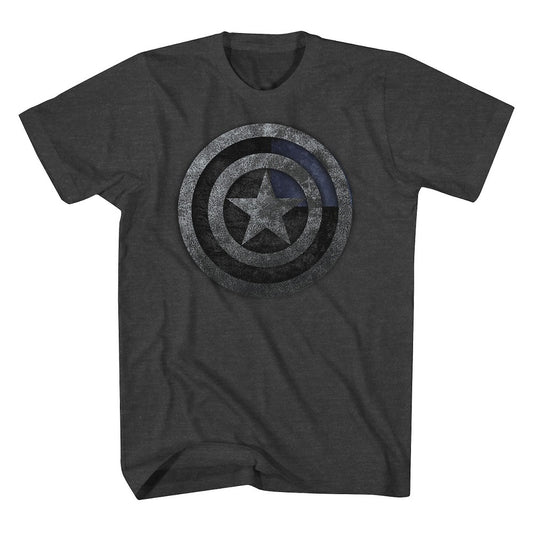 Marvel Captain America logo graphic T-shirt by Mad Engine, charcoal heather short sleeve shirt with patriotic superhero design.