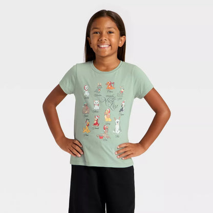 Girls' Disney Nice List graphic T-shirt by Mad Engine featuring dogs and cats holiday design in green.