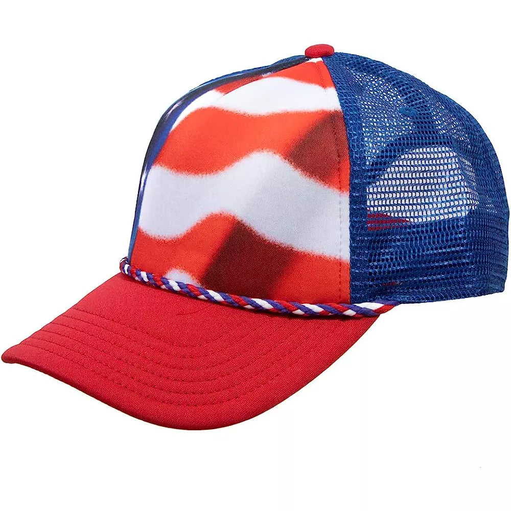 Bioworld American flag snapback trucker hat with red, white, and blue stars and stripes, classic hat style and adjustable fit.