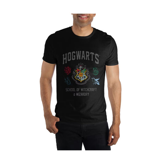 Men's Harry Potter Hogwarts Charcoal Heather T-shirt by Bioworld, featuring a magical Hogwarts School design on a comfortable tee.