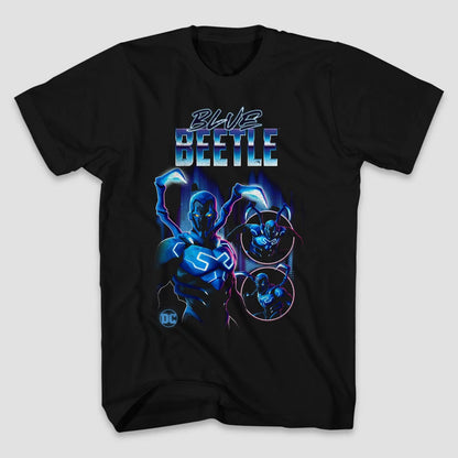 Black t-shirt with Blue Beetle graphic design on a white background