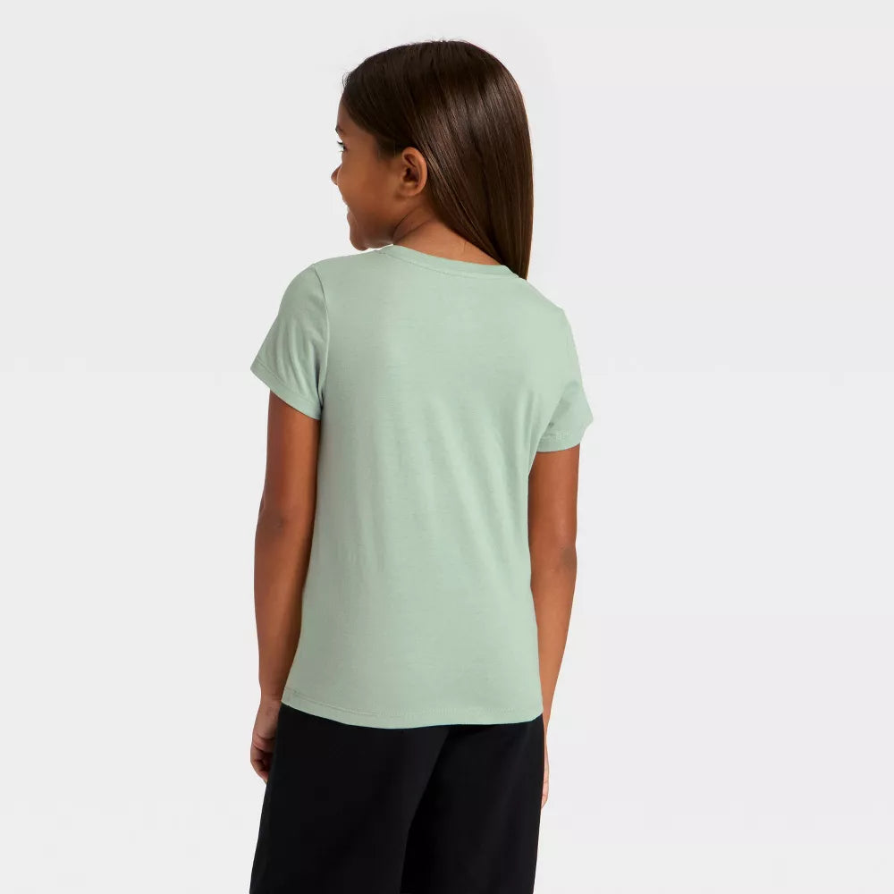 Girls' Disney Nice List dogs and cats holiday graphic T-shirt in green by Mad Engine, featuring festive cartoon characters.
