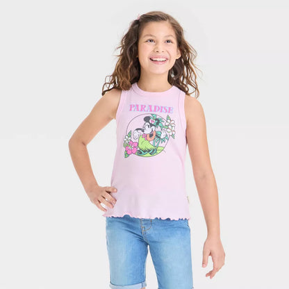 Girls' Minnie Mouse Ribbed Ruffle Hem Tank Top - Light Pink