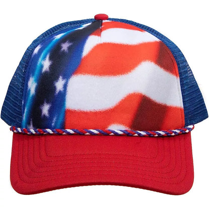 Bioworld American flag snapback trucker hat featuring red, white, and blue stars and stripes, casual and patriotic headwear.