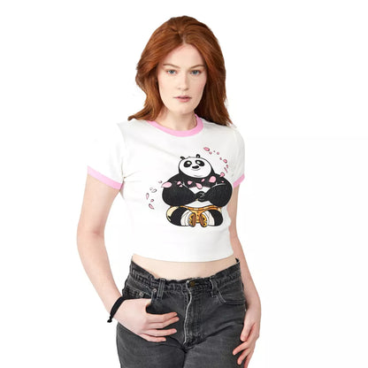 Women's Kung Fu Panda Po Flower Petals Crew Neck Short Sleeve White Baby Tee T-Shirt