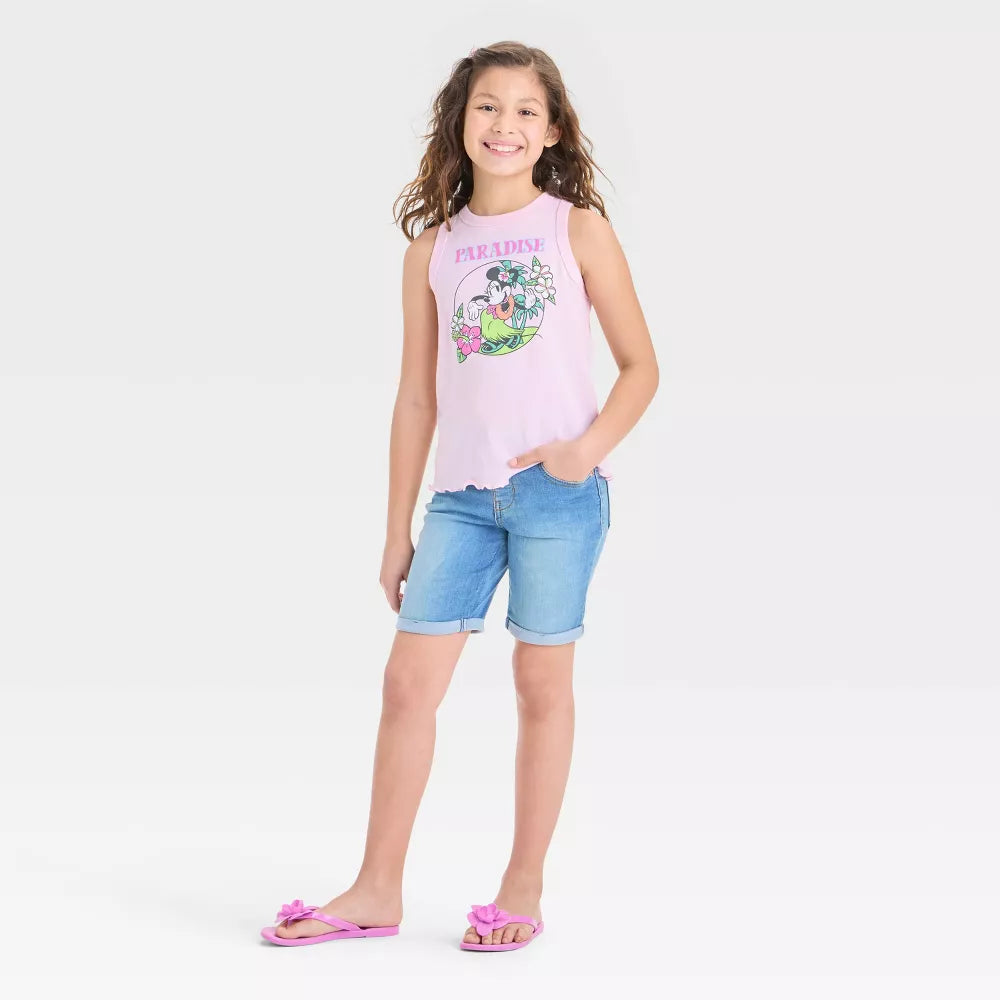 Girls' Minnie Mouse Ribbed Ruffle Hem Tank Top - Light Pink