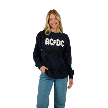 Women's ACDC Guitar & Band Logo Crew Neck Long Sleeve Gray Oversized Reversible Pullover Sweatshirt