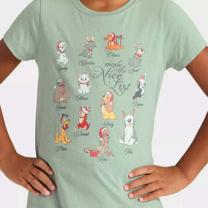 Girls' Disney 'Nice List' dogs and cats holiday graphic T-shirt in green by Mad Engine, featuring festive cartoon animals on short sleeve shirt.