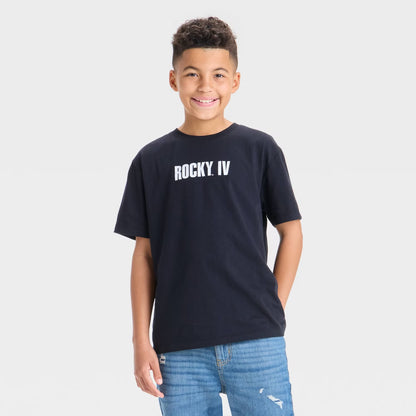 Black boys' Rocky Balboa graphic T-shirt by Mad Engine featuring a comic-style design and short sleeves.