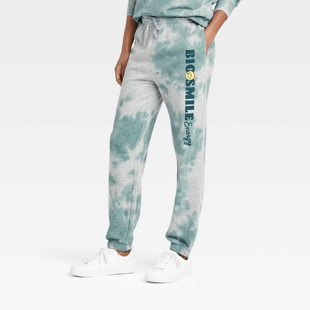 Women's Big Smile Energy Graphic Jogger Pants - Green Tie-Dye