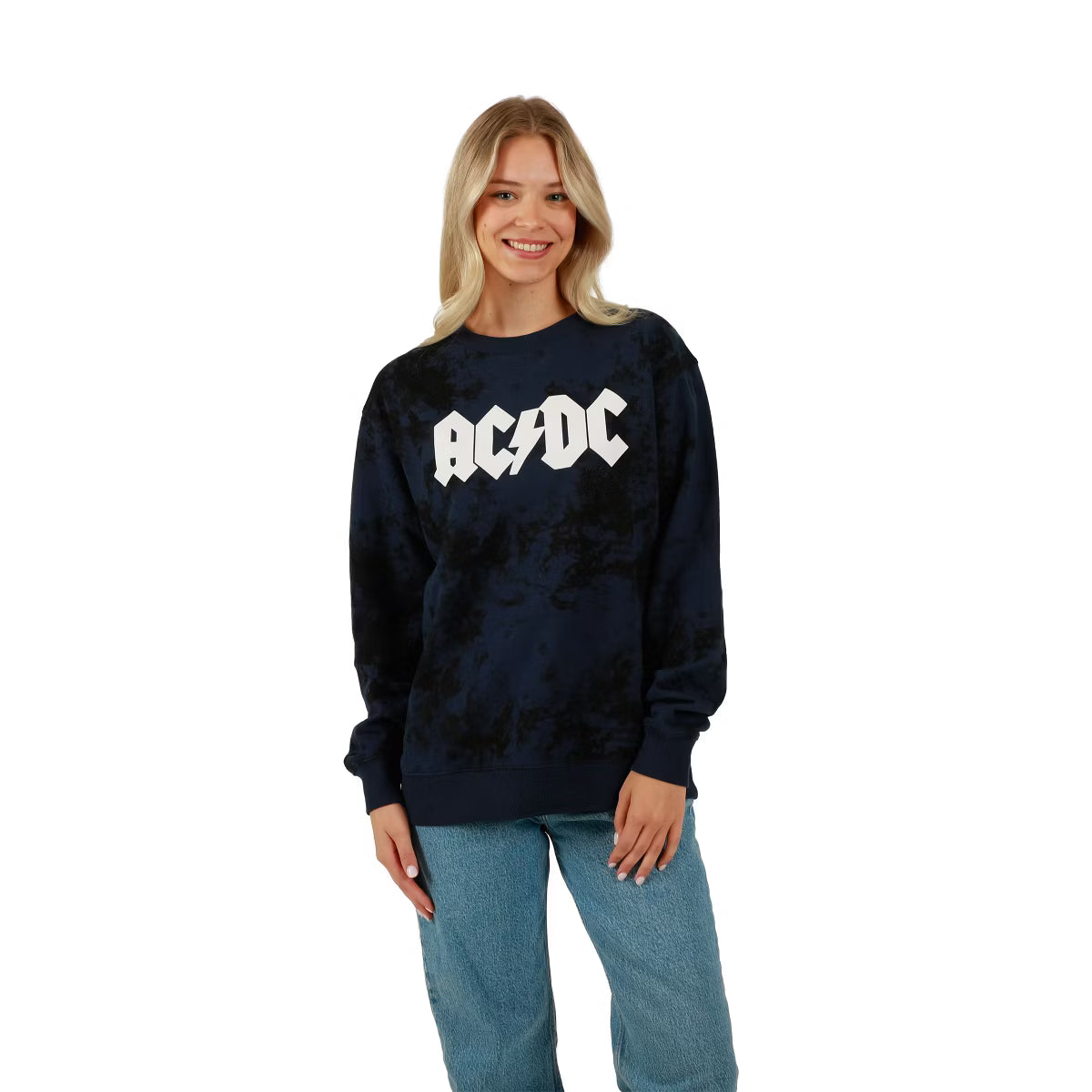 Women's ACDC Guitar & Band Logo Crew Neck Long Sleeve Gray Oversized Reversible Pullover Sweatshirt