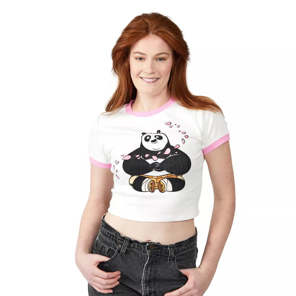 Women's Kung Fu Panda Po Flower Petals Crew Neck Short Sleeve White Baby Tee T-Shirt