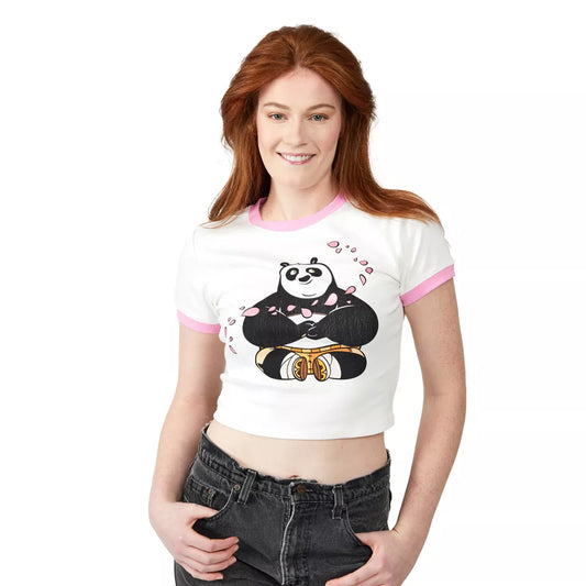 Women's Kung Fu Panda Po Flower Petals Crew Neck Short Sleeve White Baby Tee T-Shirt