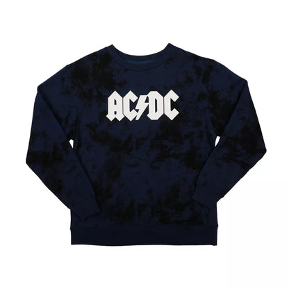 Women's ACDC Guitar & Band Logo Crew Neck Long Sleeve Gray Oversized Reversible Pullover Sweatshirt