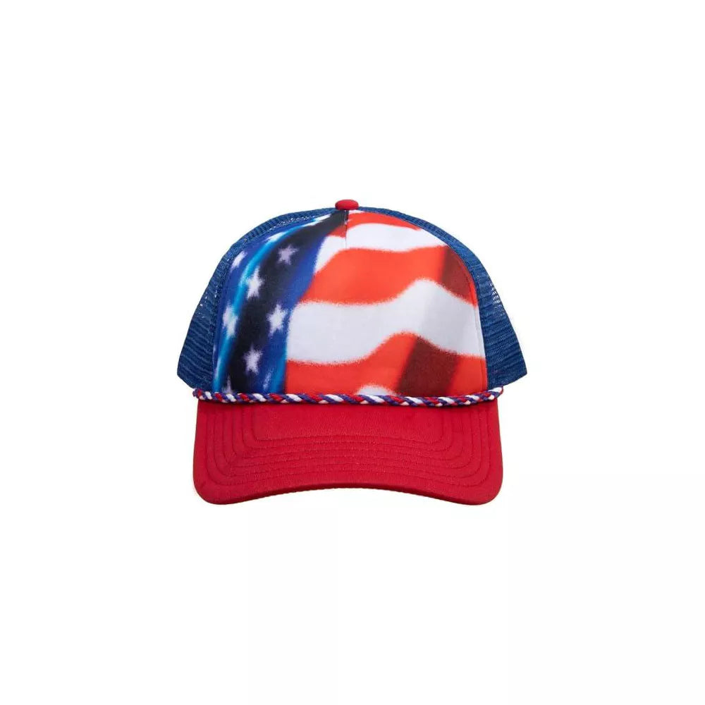 Bioworld American flag snapback trucker hat featuring red, white, and blue colors with a classic design and adjustable fit.