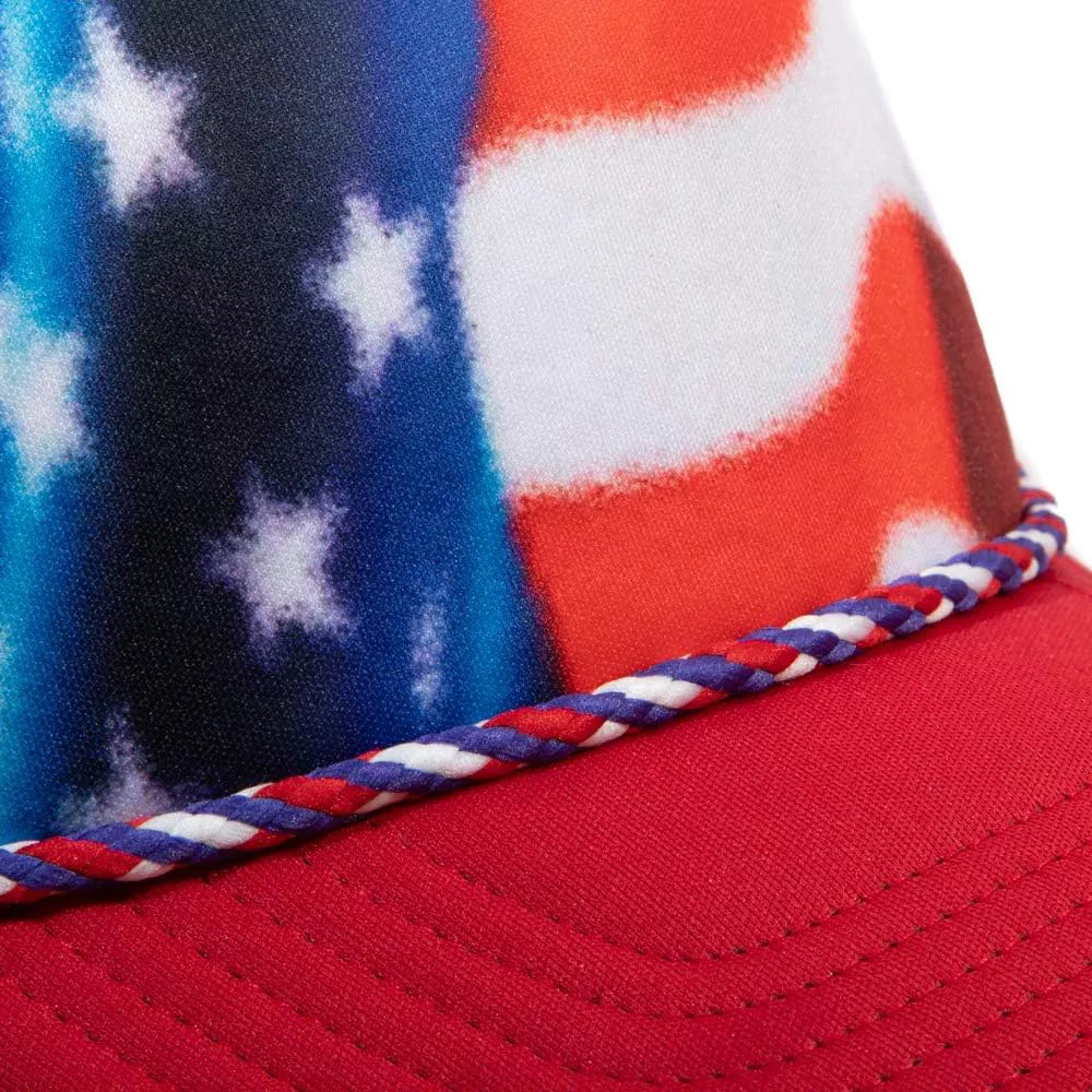 Blue, white, and red American flag snapback trucker hat by Bioworld featuring a patriotic design and adjustable snap closure.