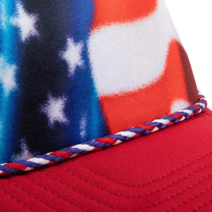 Blue, white, and red American flag snapback trucker hat by Bioworld featuring a patriotic design and adjustable snap closure.