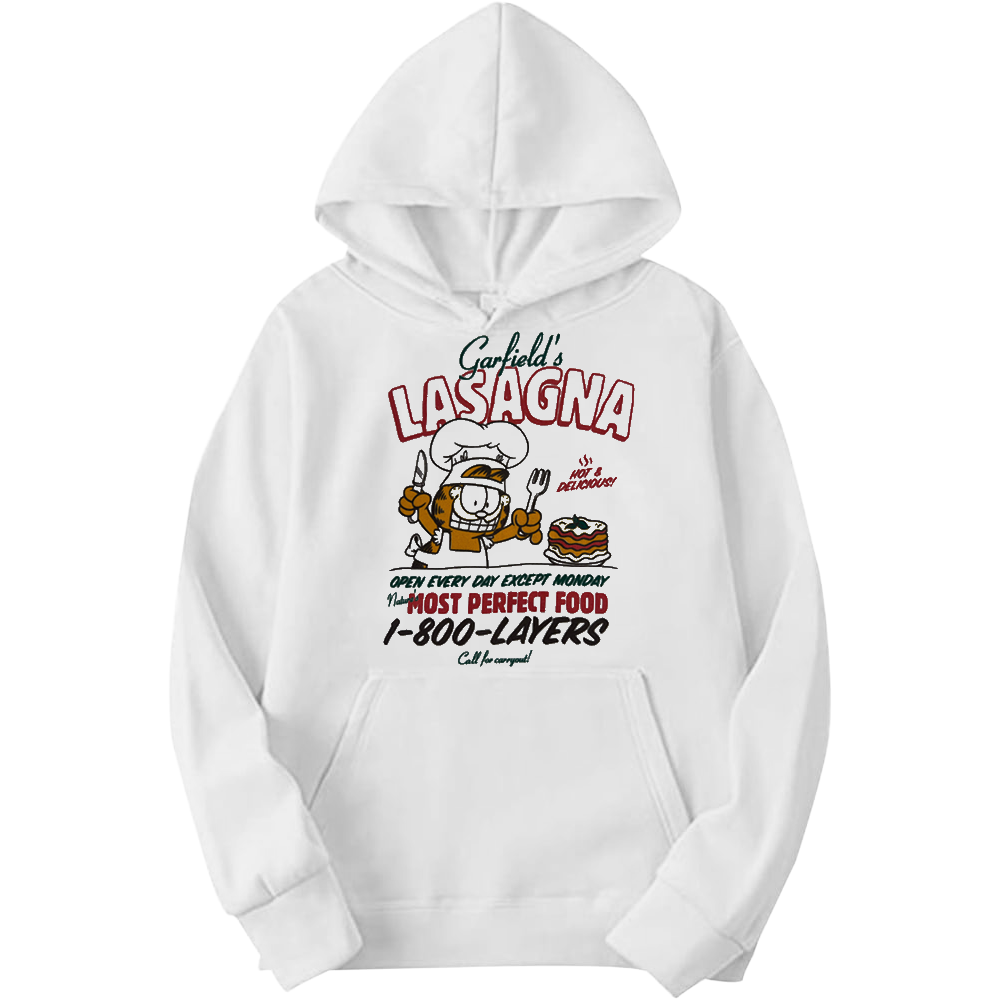 Men's white Garfield lasagna graphic hoodie with a pull-over design from Rex Distributor, Inc., available in various sizes.