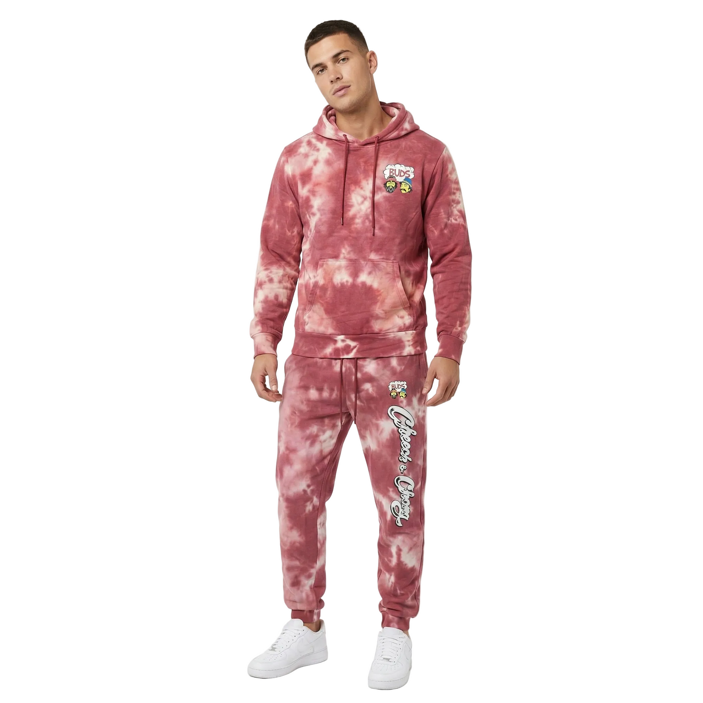 Red tie-dye hoodie and jogger set for men featuring Cheech & Chong Buds design, casual Rex Distributor, Inc. clothing ensemble.