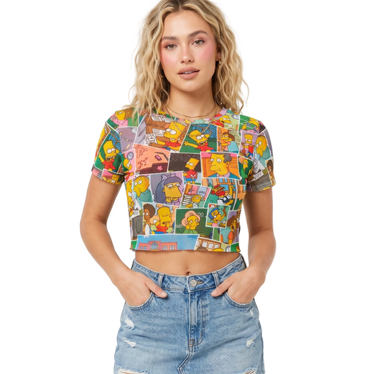 Women juniors' The Simpsons AOP mesh crop top by C-Life Group, featuring colorful cartoon character print and breathable mesh fabric.