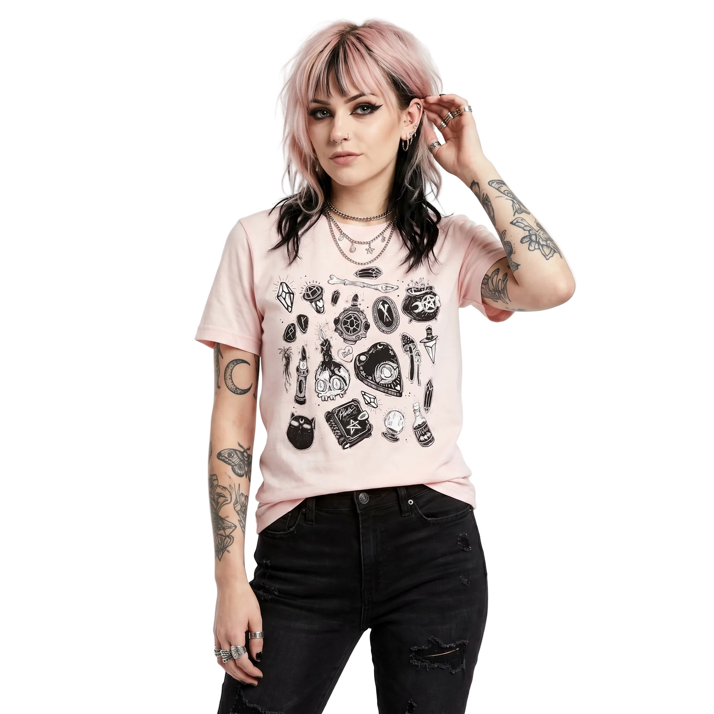 Pink women's graphic T-shirt with witch and Gemini design, boyfriend fit style by Rex Distributor, Inc.