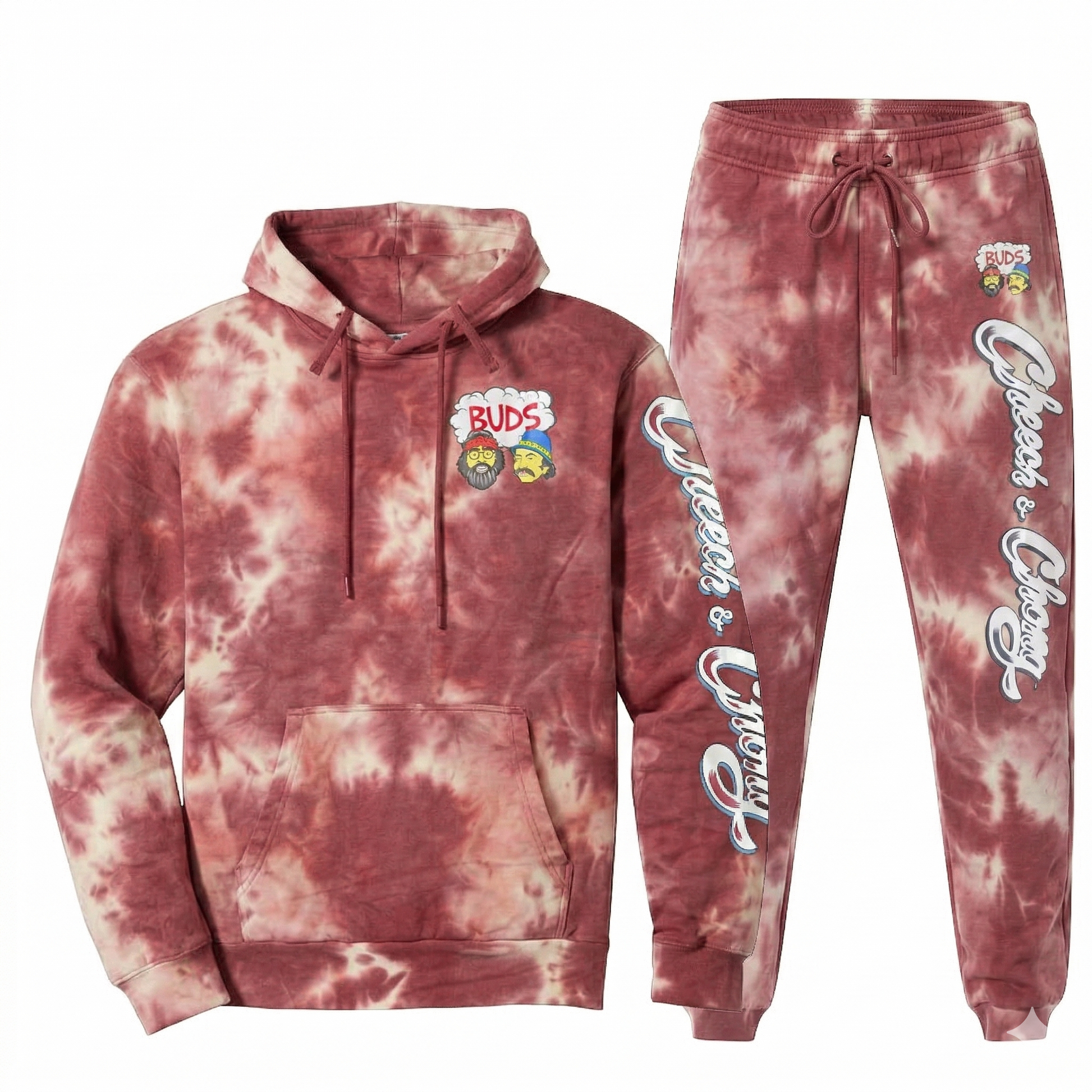 Red tie dye men's hoodie and jogger set featuring Cheech & Chong Buds design by Rex Distributor, Inc.