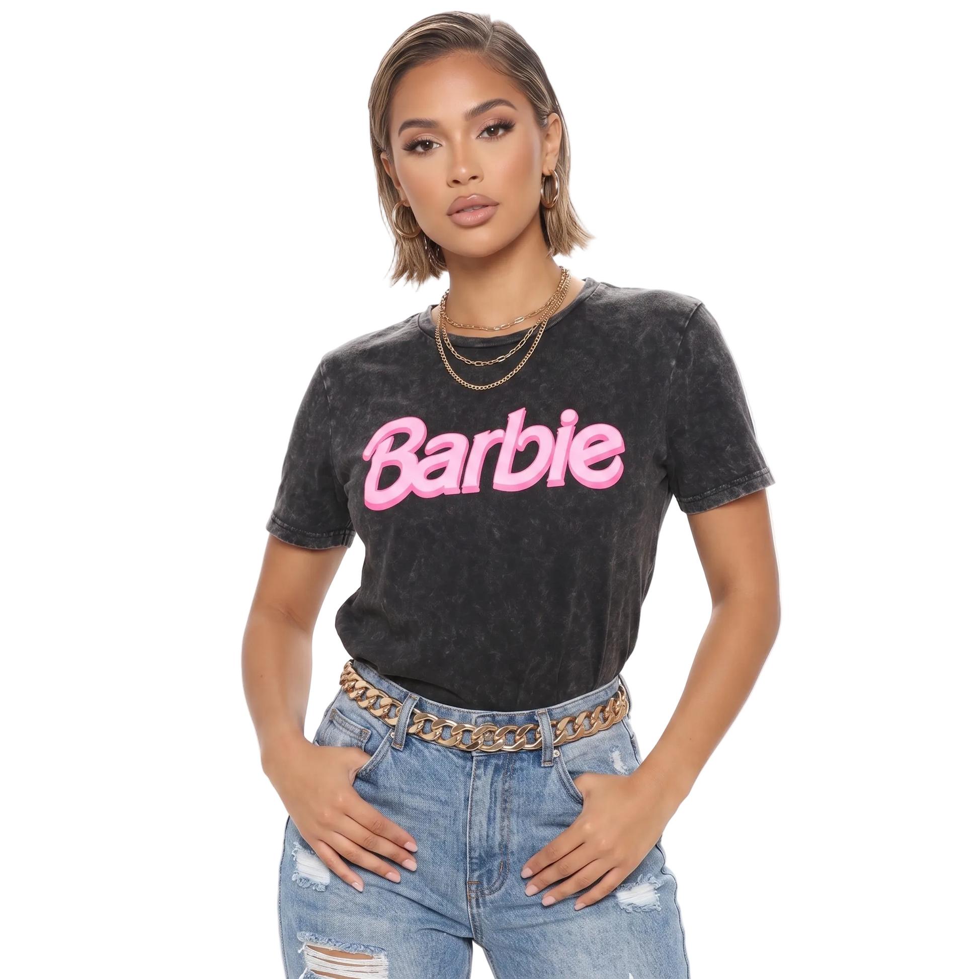 Women's Junior Barbie acid wash graphic tee shirt with colorful Barbie design, casual fit, Rex Distributor Inc.