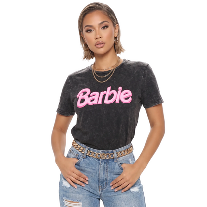 Women's Junior Barbie acid wash graphic tee shirt with colorful Barbie design, casual fit, Rex Distributor Inc.