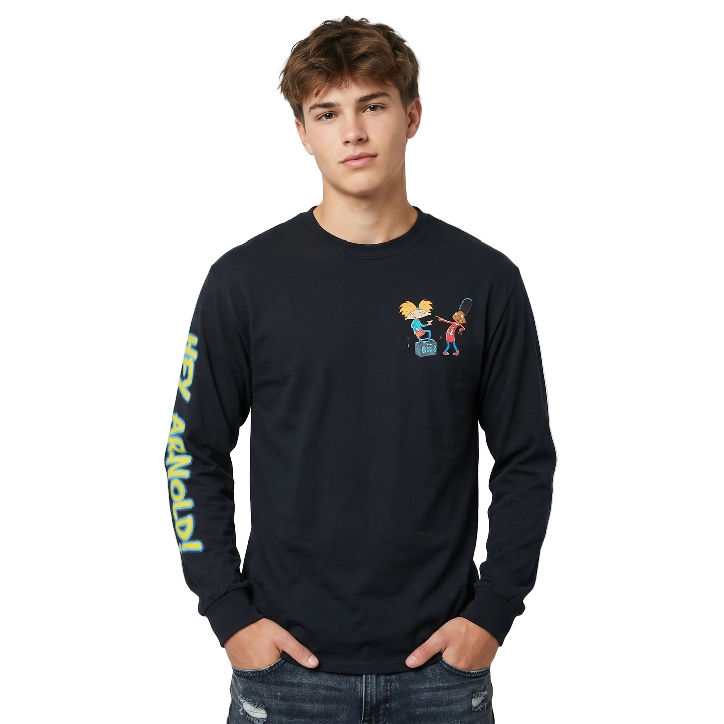 Men's black long sleeve T-shirt featuring Hey Arnold & Gerald 90s Vibes graphic, from Rex Distributor, Inc.