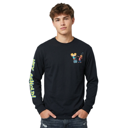 Men's black long sleeve T-shirt featuring Hey Arnold & Gerald 90s Vibes graphic, from Rex Distributor, Inc.