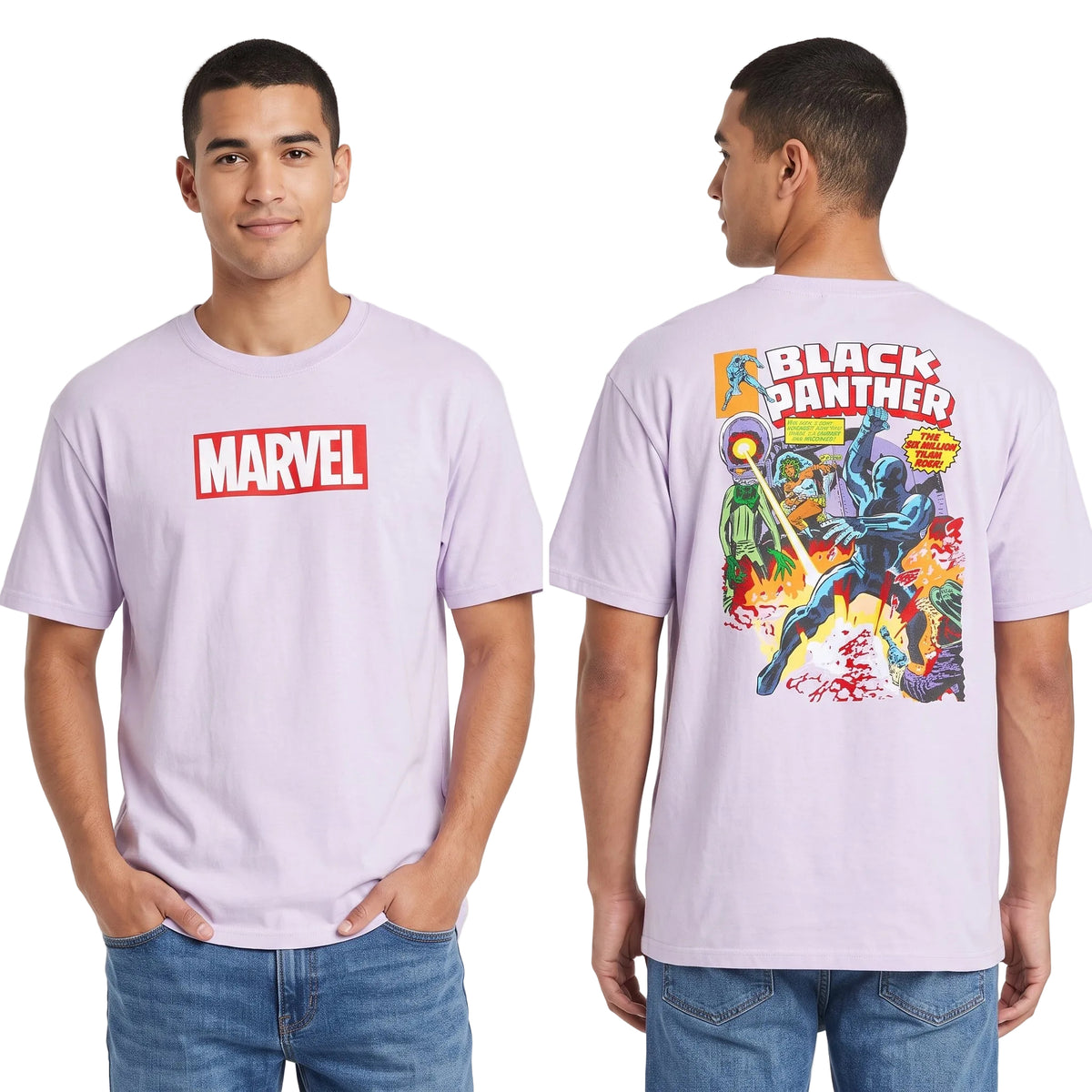 A man modeling a light lavender Marvel t-shirt, shown from both the front and back. The front features a red and white Marvel logo on the chest, while the back displays a large, colorful graphic of the Marvel character Black Panther.