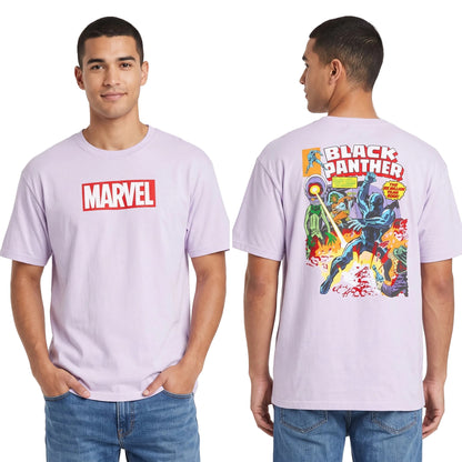 A man modeling a light lavender Marvel t-shirt, shown from both the front and back. The front features a red and white Marvel logo on the chest, while the back displays a large, colorful graphic of the Marvel character Black Panther.